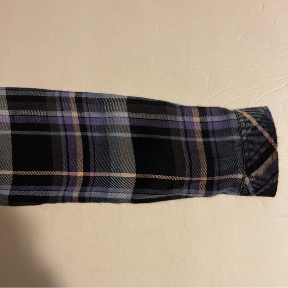 Anthropologie Cloth & Stone Plaid Fringe Hem Button Down Shirt Navy Purple Sz S - Picture 6 of 12